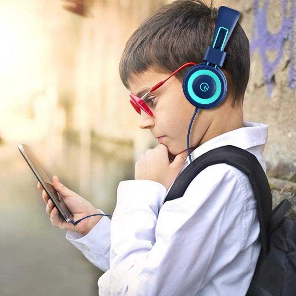 Kids Headphones - K11 Foldable Stereo Tangle-Free 3.5Mm Jack Wired Cord On-Ear Headset for Children/Teens/Boys/Girls/Smartphones/School/Kindle/Airplane Travel/Plane/Tablet (Navy/Teal)